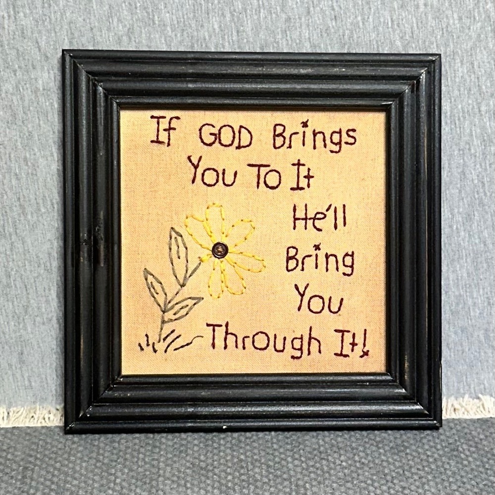 Religious Embroidery Primitive Wall Art If God Brings You To It 8x8 Wood Frame
